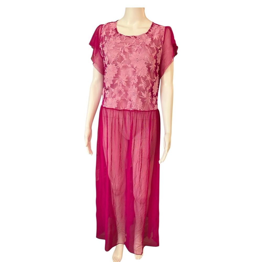 Vince Camuto Sz M Floral Embroidered Mesh Sheer Overlay Dress Pink Purple Maxi